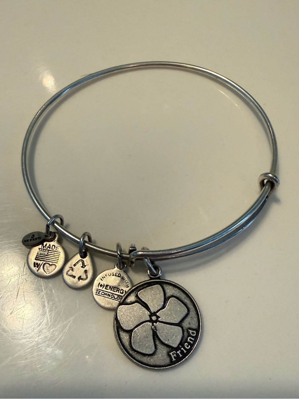 Alex and Ani Silver-tone Charm Bangle Bracelet with 'Friend' Floral Pendant